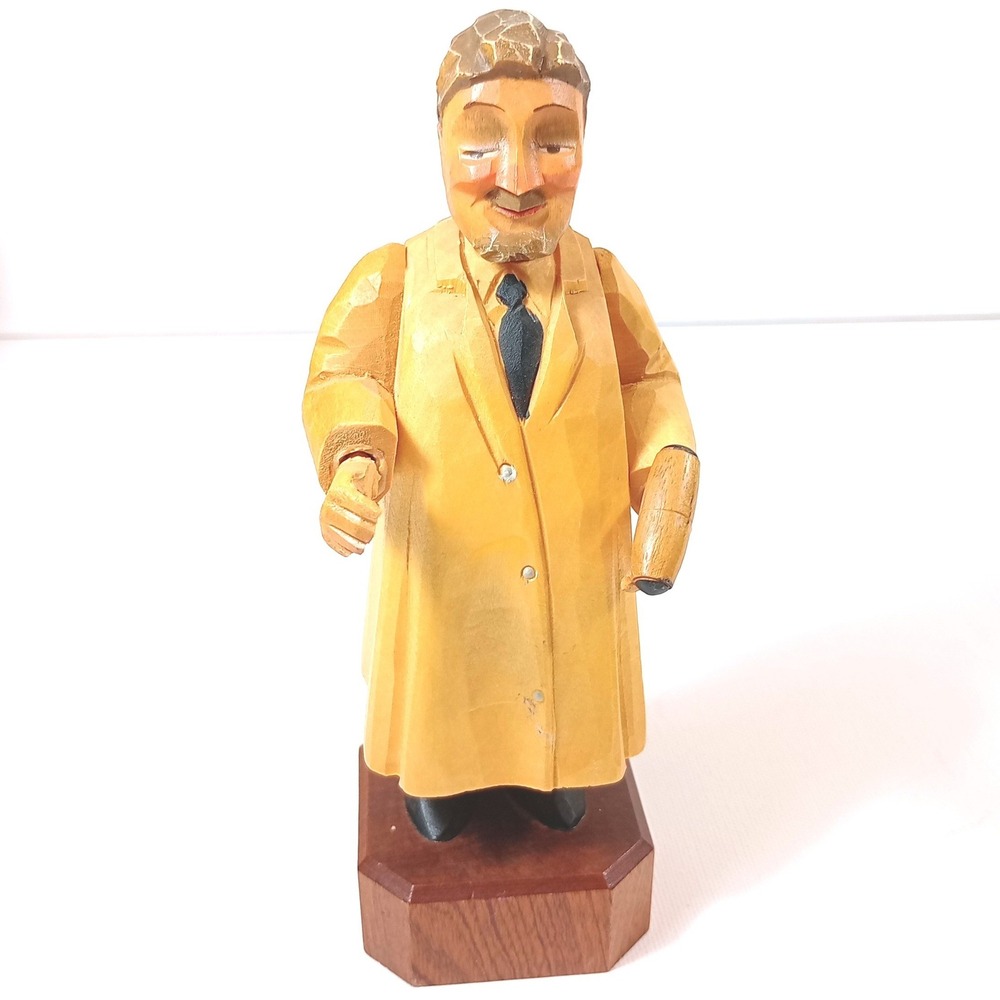 Hand Carved Wood Auctioneer Figurine Vintage Yellow 7.5in Good Folk Art Gavel